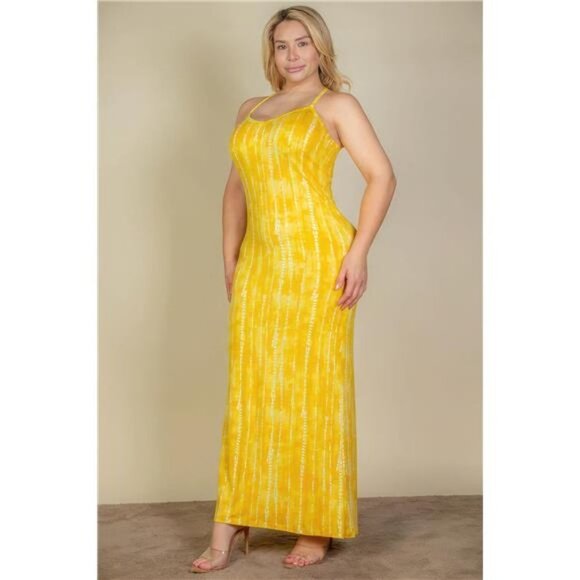 Plus Size Tie Dye Printed Cami Bodycon Maxi Dress- Yellow Tie Dye - Picture 2 of 5